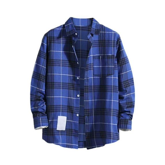 Manxivoo Mens Shirts Mens Casual Fall Shirt Lapel Button Long Sleeve Shirt Tops Men's Cardigan Plaid Shirt Men Blue L