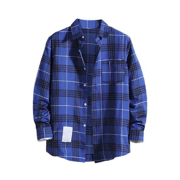 Manxivoo Mens Shirts Mens Casual Fall Shirt Lapel Button Long Sleeve Shirt Tops Men's Cardigan Plaid Shirt Men Blue XXL