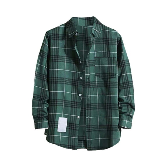 Manxivoo Mens Shirts Mens Casual Fall Shirt Lapel Button Long Sleeve Shirt Tops Men's Cardigan Plaid Shirt Men Green XXXXXL