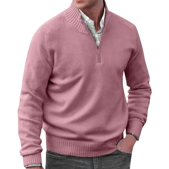 Manxivoo Mens Sweater Autumn Men's Solid Color Casual Loose V Neck Tight Pullover Sweater Sweater Coat Pink M