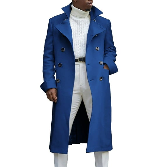 Manxivoo Mens Trench Coat Fashion Woolen Coat Autumn British Woolen Double Breasted Extended Coat Trench Coat Men Blue S