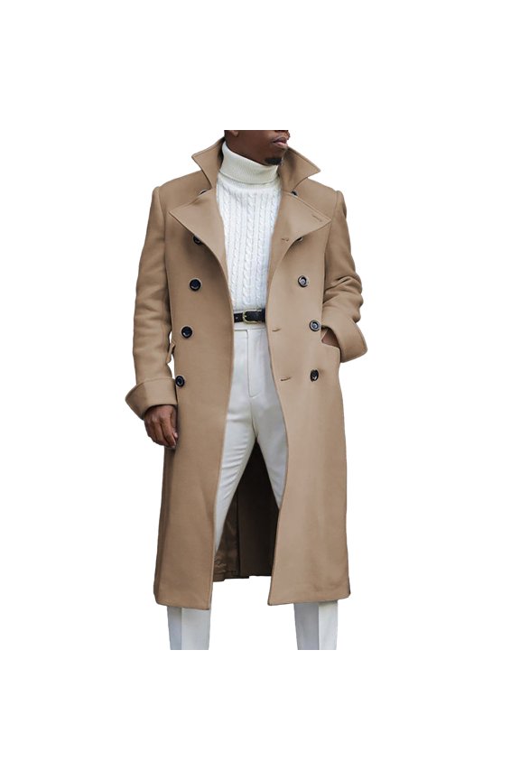 Mens Trench Coat Fashion Woolen Coat Autumn British Woolen Double Breasted Extended Coat Trench Coat Men Khaki S