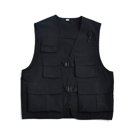 Manxivoo Mens Vest Men's Sleeveless V Neck Zip Up Streetwear Cargo Vest Jacket with Pockets Tank Tops Men Black L