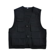 Manxivoo Mens Vest Mens Sleeveless V Neck Zip Up Streetwear Cargo Vest Jacket with Pockets Tank Tops Men Black L