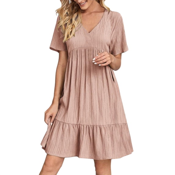 Manxivoo Mini Dress Womens Summer Dress V Neck a Line Solid Color Flowy Casual Skinny Ruffle Solid Mini Dresses Summer Dresses 2023 Women's Casual Dresses Pink