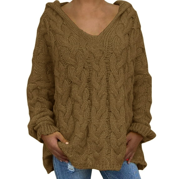 Manxivoo Oversized Sweater Women Fashion Loose Large Size Solid Color Hood Long Sleeves Sweater Tops Fall Sweaters Coffee