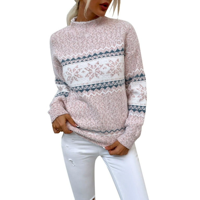 Manxivoo Pink Sweater Women s Christmas Snowflake Sweater Turtleneck Vintage Holiday Knit Sweater Pullover Fall Sweaters Pink Walmart