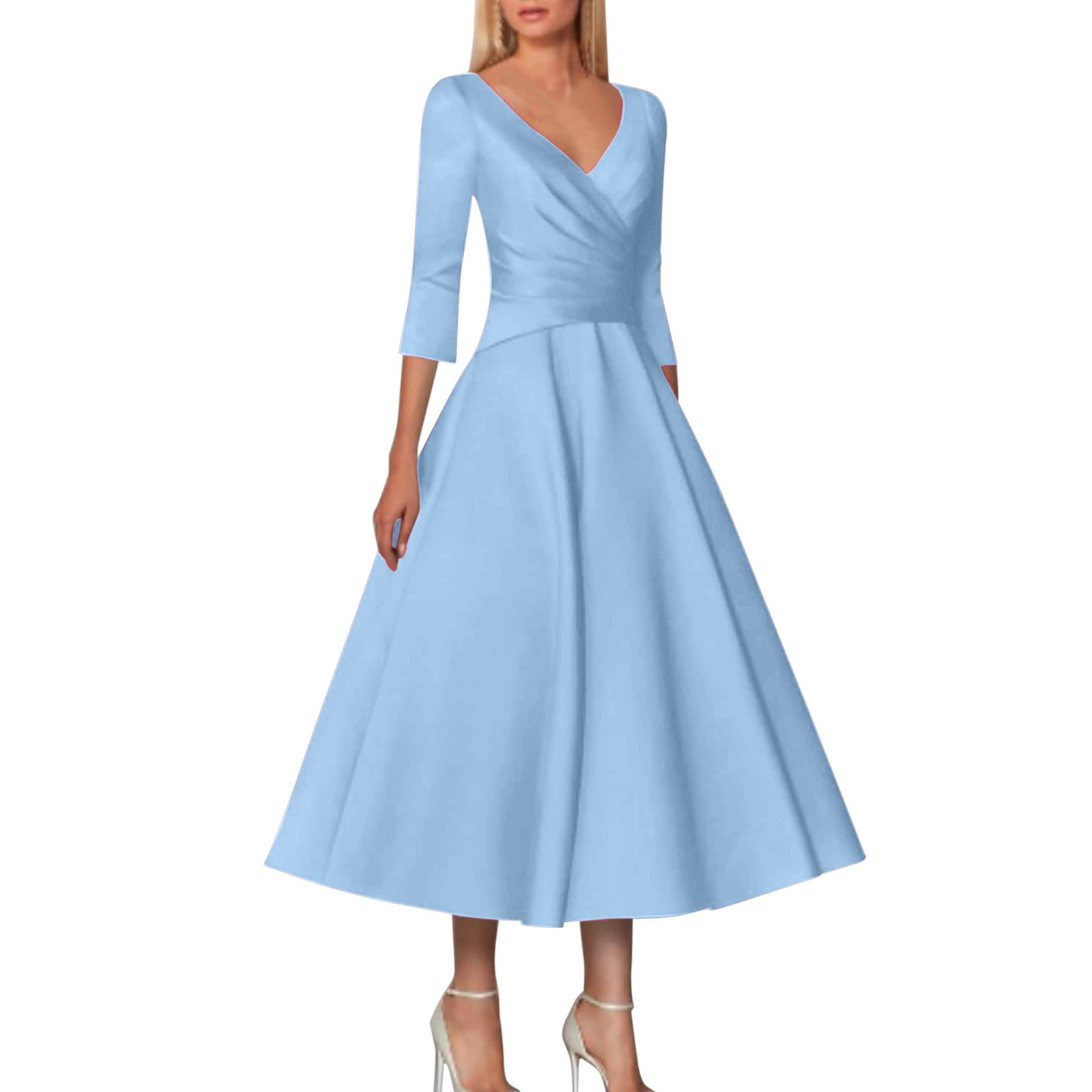 Manxivoo Plus Size Dress a Line Mother of the Bride Dress Wedding Guest  Vintage Plus Size Elegant V Neck Tea Length Satin 1/2 Length Sleeve with  Pleats Women's Casual Dresses Light Blue -