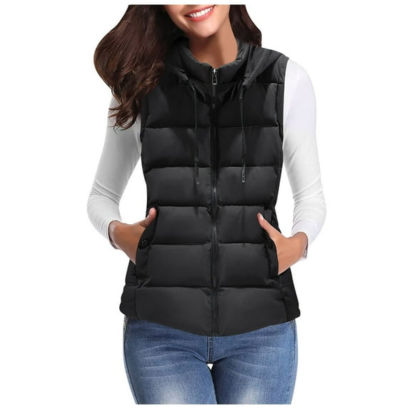 Manxivoo Puffer Vest Women's Warm Vest Outerwear Thick Padded Sleeveless Casual Vest with Detachable Hood Womens Vests Outerwear Black