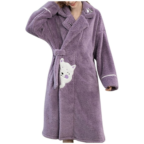 Manxivoo Robes for Women, Women Bathrobe Short Robe Long Sleeve Robe Attached Belt Soft Sleepwear Ladies Loungewear Women's Sleepwear Purple XXL
