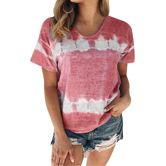 Manxivoo Shirts for Women Womens Daily Summer Spring Casual Round Neck Short Sleeve Tie Dye Print Patchwork T Shirt Tops(S 5Xl) Womens Shirts Hot Pink