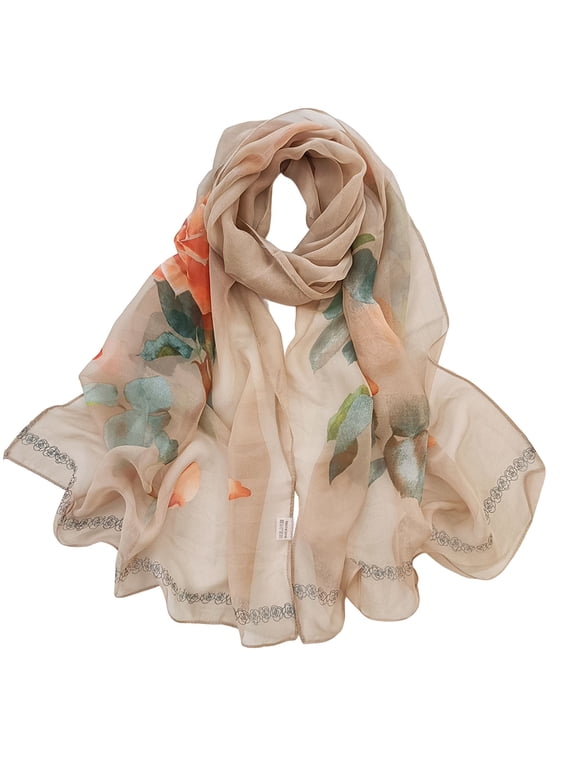Silk Scarf, Scarfs for Women Lightweight Print Floral Pattern Scarf Shawl Fashion Scarves Sunscreen Shawls and Wraps for Spring Silk Scarf for Women Hair Khaki