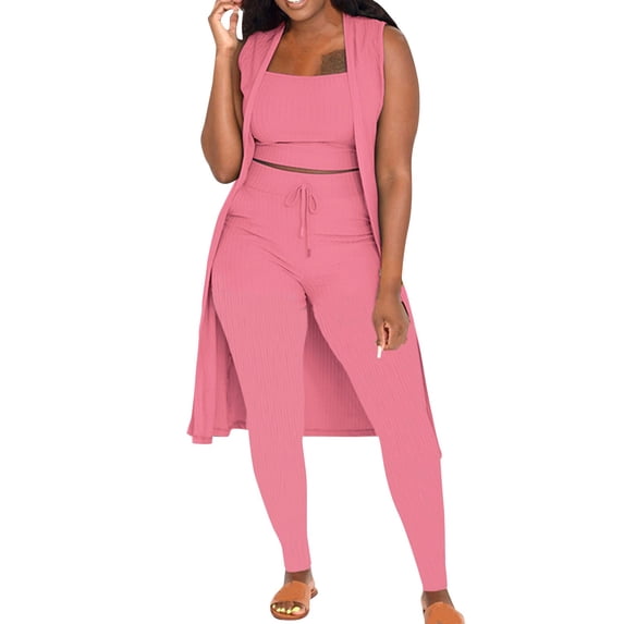 Manxivoo Suits Fall Winter Women Stretchy Wear 2022 Solid Color 3 Piece Pants Set Ladies Ribbed Casual Sleeveless Coat Vest and Pants Three Pcs Outfits Women's Pants Pink