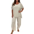 thumbnail image 1 of Manxivoo Summer Pants Women Suit Fashion Comfortable Short Sleeve and Long Pants Solid Color Top and Pants Set Cotton and Linen Womens Pants Beige, 1 of 6
