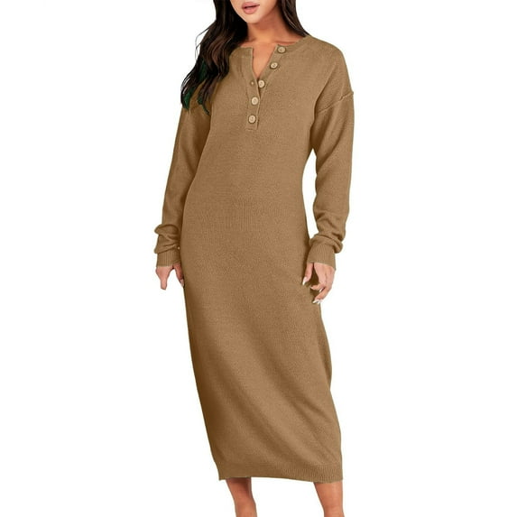 Manxivoo Sweater Dress Women's Solid Color Fashion Casual Long Sleeve Button High Waist Knitted Dress Fall Dresses for Women 2023 Coffee