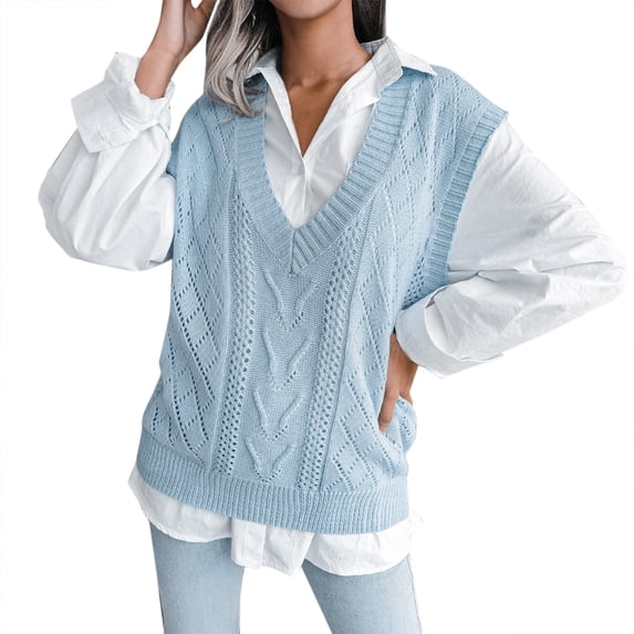 Manxivoo Sweater Vest Women, Women Autumn and Winter Casual Solid Color V Neck Knit Sweater Vest Cable Knitted Sleeveless Checked Knitwear Tanks Sweaters for Women Blue