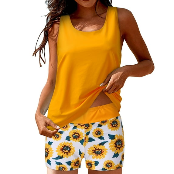 Manxivoo Swimsuit Coverup for Women Tankini Swimsuits for Women 3 Piece Bathing Suits Swim Tank Top with Boy Shorts and Bra Swimwear Tankini Bathing Suits for Women Yellow