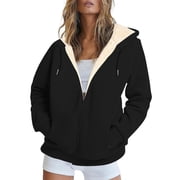 Manxivoo Thermal Zip Up Hoodie Women Oversized Fleece Hoodie Baggy Loose Zipper Hooded Sweatshirt Coat with Double Pockets Jacket Oversized Hoodie XXL Size Black