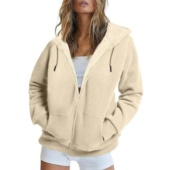 Manxivoo Thermal Zip Up Hoodie Women Oversized Fleece Hoodie Baggy Loose Zipper Hooded Sweatshirt Coat with Double Pockets Jacket Oversized Hoodie XXXXL Size Beige