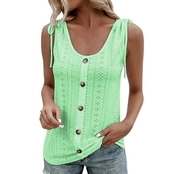 Manxivoo Vest for Women Women Loose U Neck Sleeveless Tops Casual Pure Color Pleated Eyelet Summer Shirts Vest Blouse Tank Top for Women A