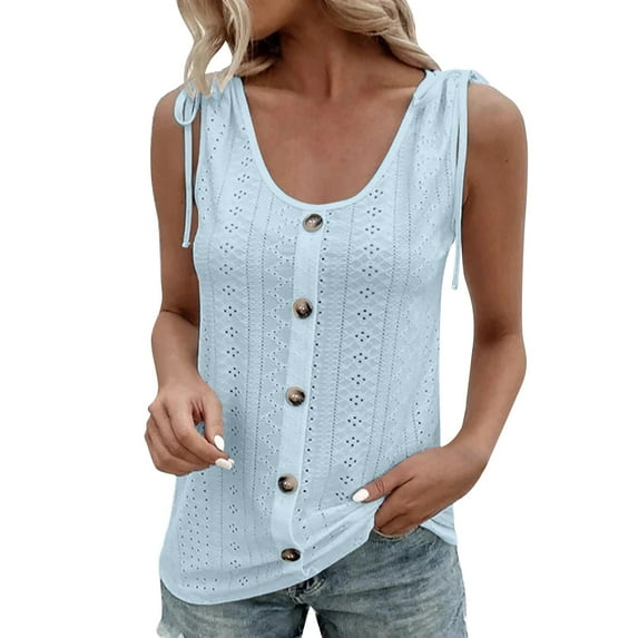 Manxivoo Vest for Women Women Loose U Neck Sleeveless Tops Casual Pure Color Pleated Eyelet Summer Shirts Vest Blouse Tank Top for Women Blue