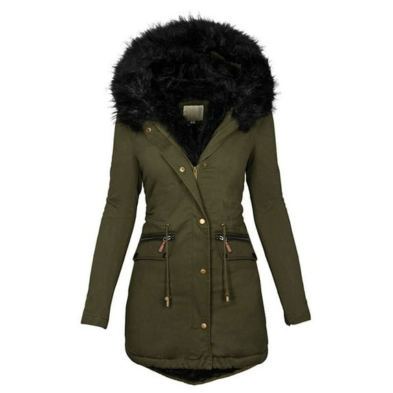 Manxivoo Winter Jacket Women Plus Size Winter Coat Lapel Collar Long Sleeve Jacket Vintage Thicken Coat Jacket Warm Hooded Thick Padded Outerwear Big Collar Jackets Fall Jacket Army Green