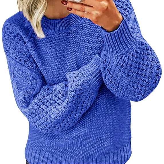 Manxivoo Winter Sweaters for Women, Women's Autumn and Winter New Casual Thickened and Warm Solid Color External Knitted Pullover Sweater Plus Size Sweaters for Curvy Women Blue L