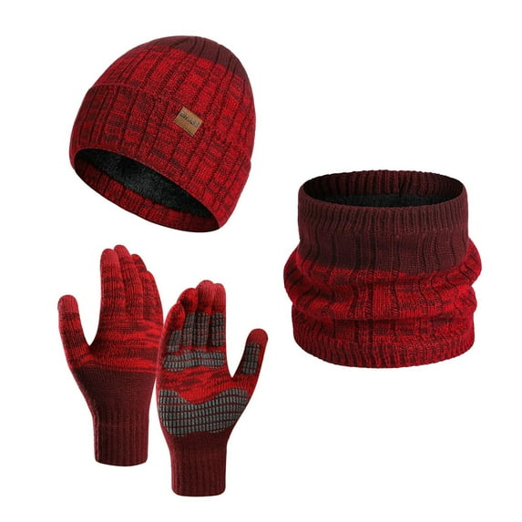 Manxivoo Women&Men Autumn and Winter Warm Wool Hat Scarf Gloves Slouchy Three Pieces Winter Snow Knit Cap Screen Mittens Scarves Sets Red One Size