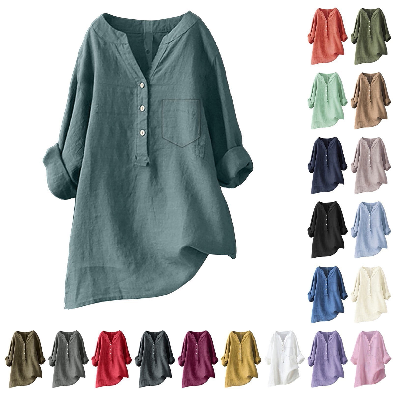 Manxivoo Women Solid Color Stand Up Collar Cotton Long Sleeve Shirt ...
