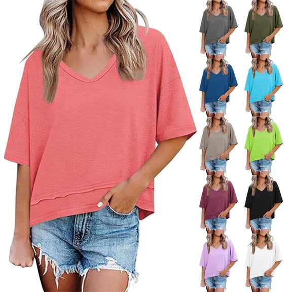 Manxivoo Women V Neck Mid Length Half Sleeve Spliced Basic Loose Pullover TShirts For Summer