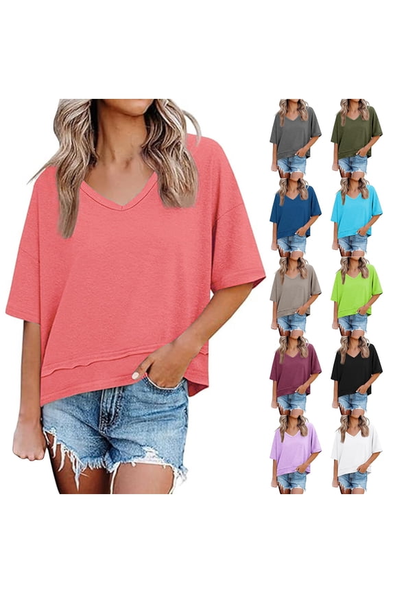 Women V Neck Mid Length Half Sleeve Spliced Basic Loose Pullover TShirts For Summer
