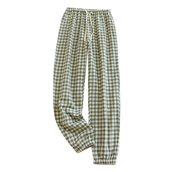 Manxivoo Women's Pants Women's Elastic Drawstring Waist Loose Wide Leg with Pockets Three Color Plaid Trousers Womens Sweatpants D L