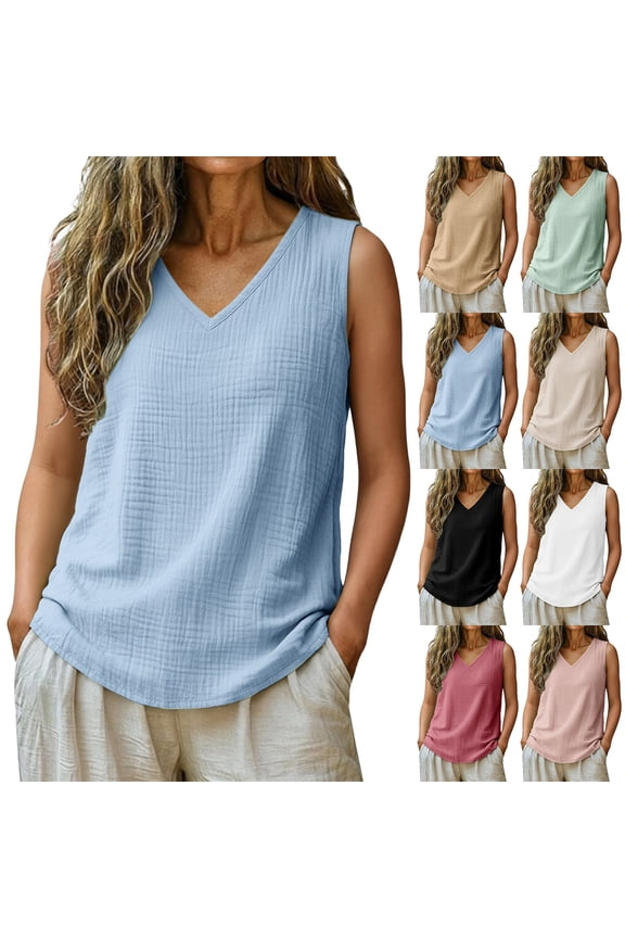 Women's sleeveless loose casual tulle top, woven V-neck design, breathable summer shirt, suitable for casual daily wear