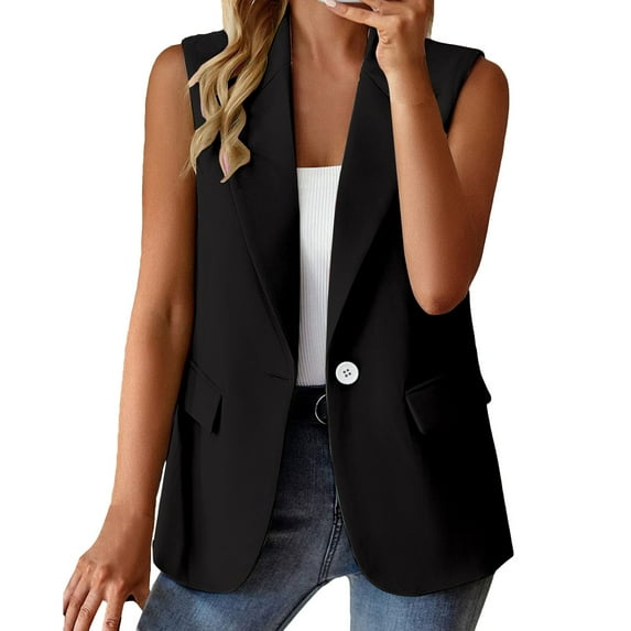 Manxivoo Womens Blazer Women's Sleeveless Coat Solid Color Cardigan Suit Casual Lapel Cardigan Jacket with Pockets Blazer Jacket Black