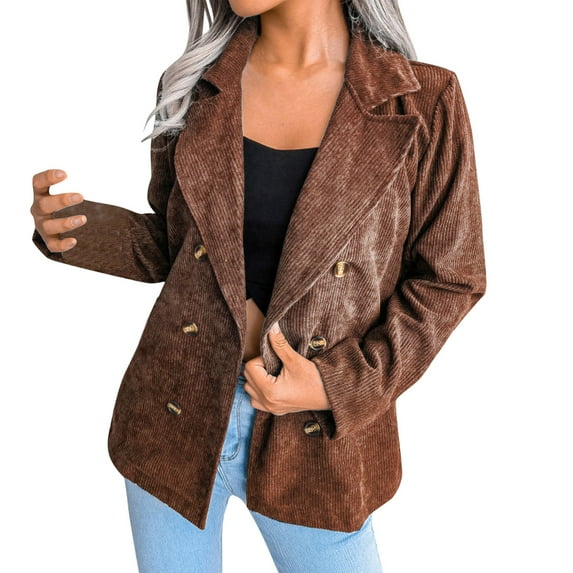 Manxivoo Womens Coats Women Double Breasted Corduroy Jacket Long Sleeve Work Office Casual Boyfriend Fall Jacket Coffee