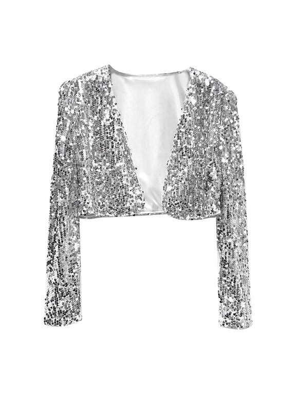 Womens Coats Women's Short Sequin Party Long Sleeve Jacket Party Blazer Womens Jacket Silver