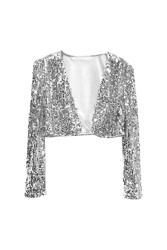 Womens Coats Women's Short Sequin Party Long Sleeve Jacket Party Blazer Womens Jacket Silver