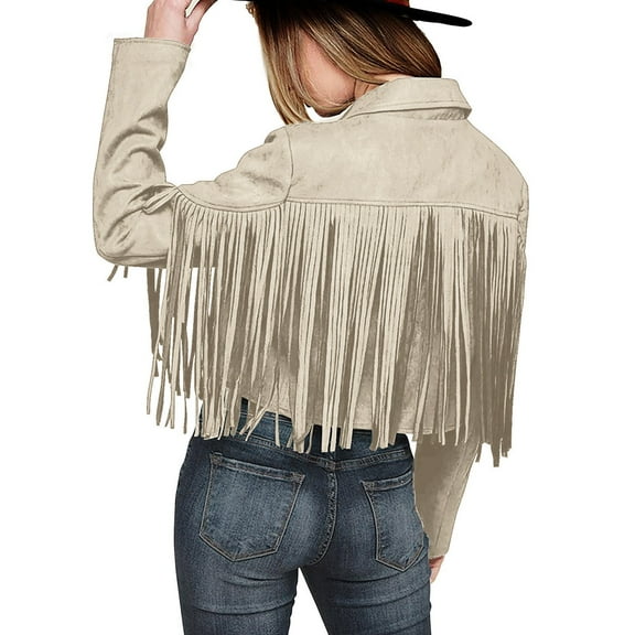 Manxivoo Womens Jacket Ladies Fashion Solid Color Fringe Faux Suede Leather Jacket Fashion Fringe Motorcycle Cropped Jacket Womens Tops Beige