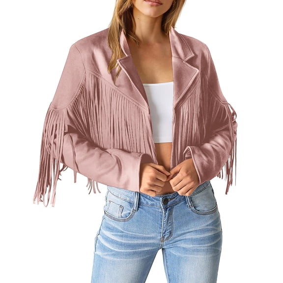 Manxivoo Womens Jacket Ladies Fashion Solid Color Fringe Faux Suede Leather Jacket Fashion Fringe Motorcycle Cropped Jacket Womens Tops L Size Pink
