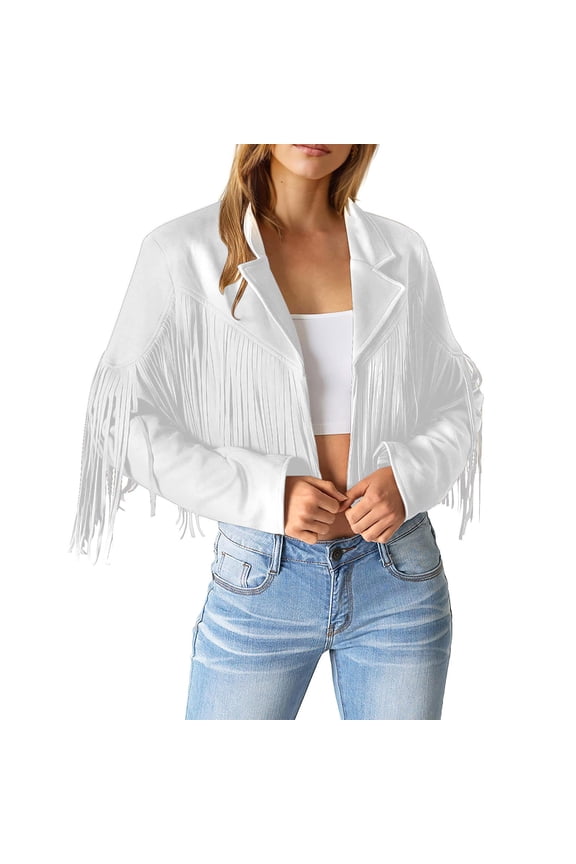 Womens Jacket Ladies Fashion Solid Color Fringe Faux Suede Leather Jacket Fashion Fringe Motorcycle Cropped Jacket Womens Tops L Size White