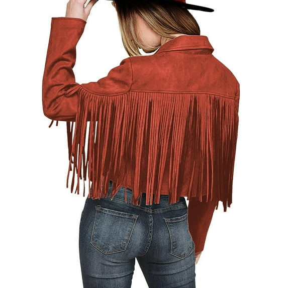 Manxivoo Womens Jacket Ladies Fashion Solid Color Fringe Faux Suede Leather Jacket Fashion Fringe Motorcycle Cropped Jacket Womens Tops Orange