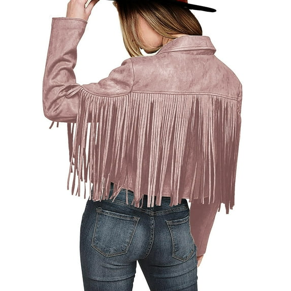 Manxivoo Womens Jacket Ladies Fashion Solid Color Fringe Faux Suede Leather Jacket Fashion Fringe Motorcycle Cropped Jacket Womens Tops Pink