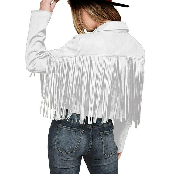 Manxivoo Womens Jacket Ladies Fashion Solid Color Fringe Faux Suede Leather Jacket Fashion Fringe Motorcycle Cropped Jacket Womens Tops White