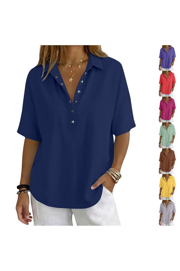 Womens Mid Sleeve V Neck Pullover T Shirt Button Down Blouse Top