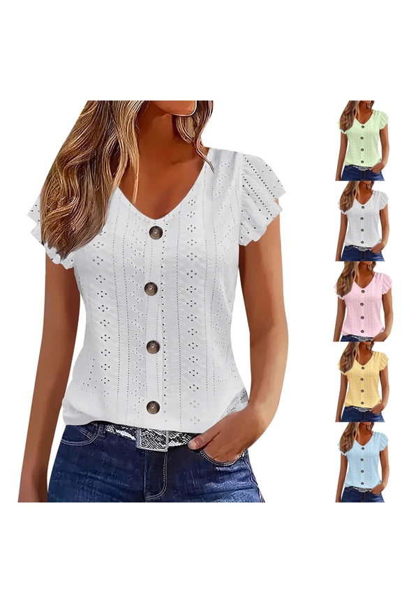 Womens Summer Short Sleeve V Neck Eyelet Embroidery Button Decor Flowy Casual Blouse