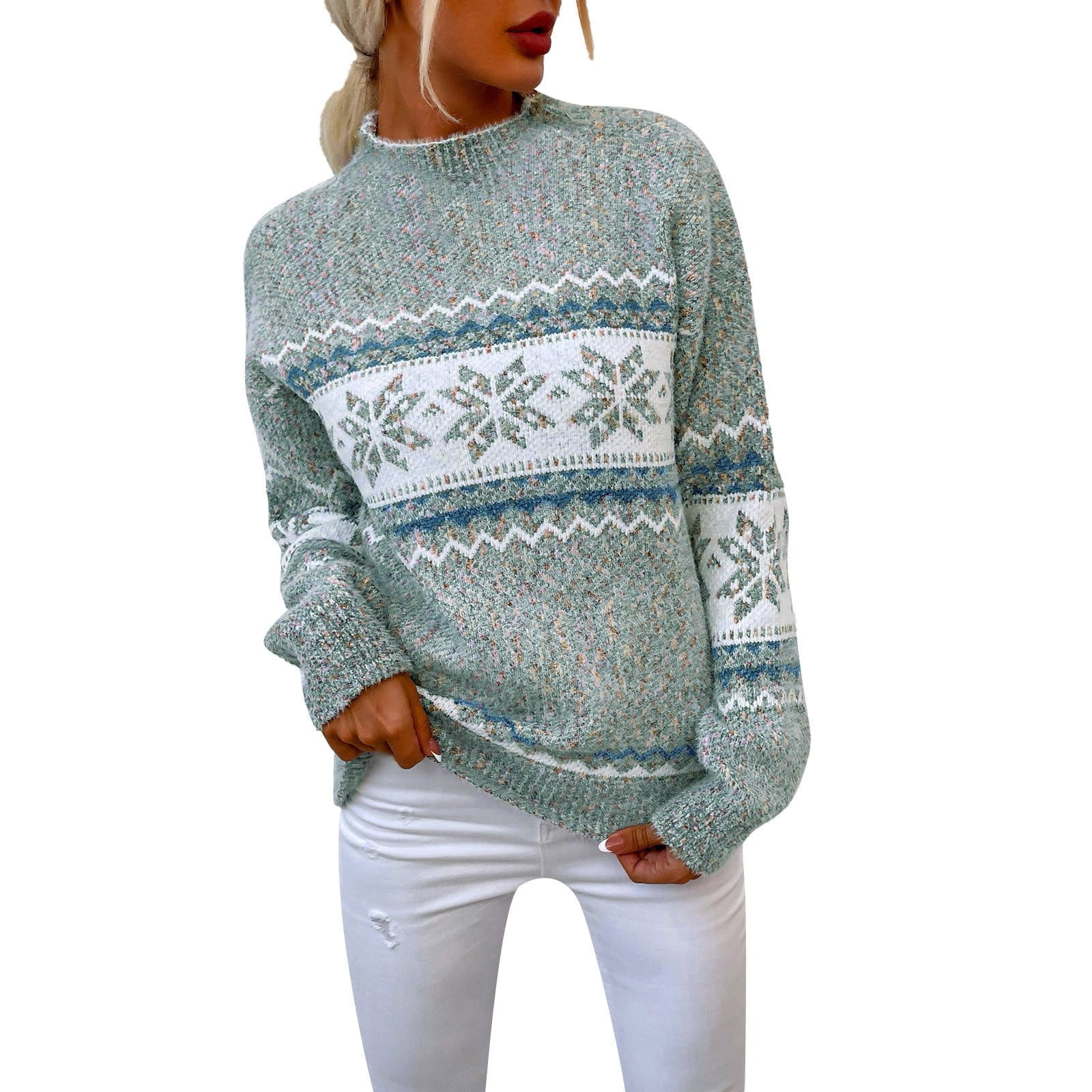 Manxivoo Womens Sweaters Women s Christmas Snowflake Sweater Turtleneck Vintage Holiday Knit Sweater Pullover Fall Sweaters Grey Walmart