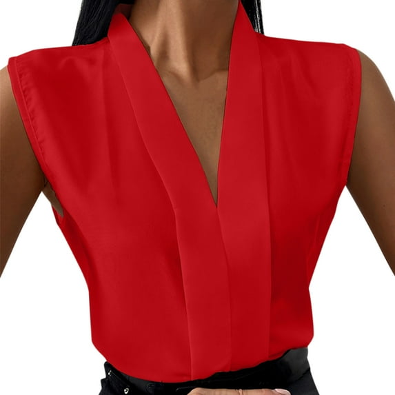 Manxivoo Womens Tops Ladies Spring and Summer V-Neck Casual Professional Sleeveless Shirt Top Blouses for Women Dressy Casual Red