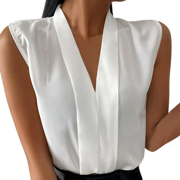Manxivoo Womens Tops Ladies Spring and Summer V-Neck Casual Professional Sleeveless Shirt Top Blouses for Women Dressy Casual White