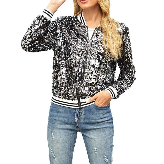 Manxivoo Womens Tops Spring and Autumn Women's Long Sleeve Sequined Long Sleeve Cardigan Jacket Top Jackets for Women Long Cardigans for Women Trendy Black XXL