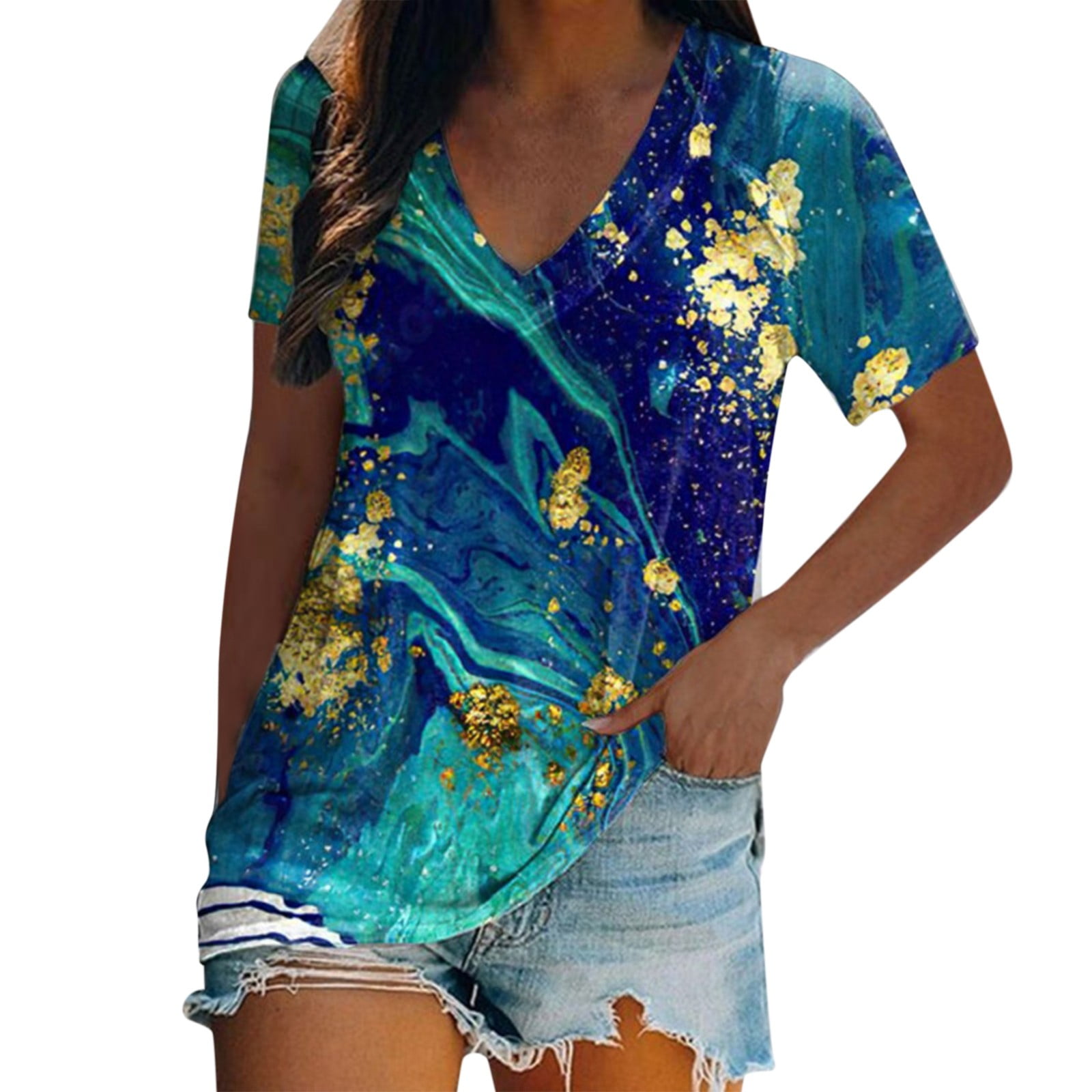 Women’s Tie Dye Crop Top – Short Sleeve Graphic Print Tee, Blue/Black, Large